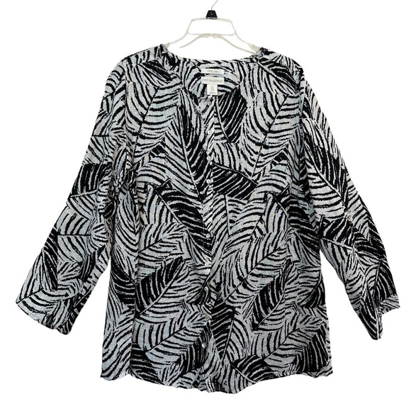 Cynthia Rowley 1X Linen Palm Print Roll Tab Sleeves Mother of Pearl Buttons Top - Picture 14 of 16